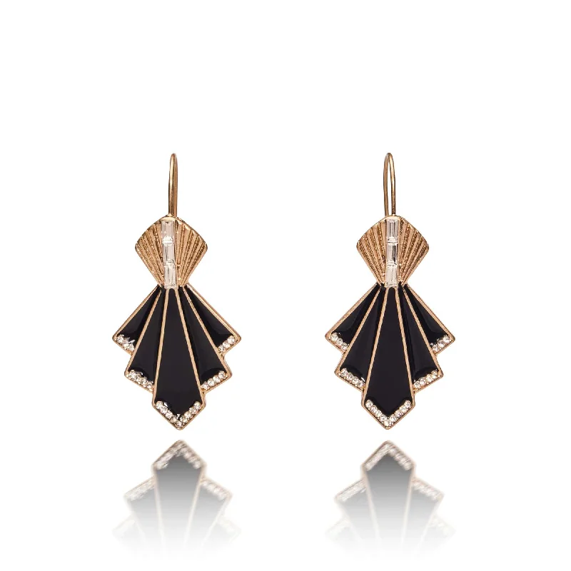 ladies earrings bold-Art Deco Fan 1920 Earrings: Black Drop Crystal Earrings