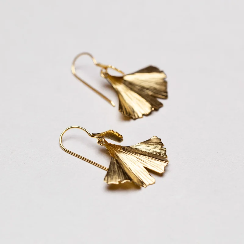 ladies earrings mid century-Brushed Gold Ginkgo Leaf Drop Earrings