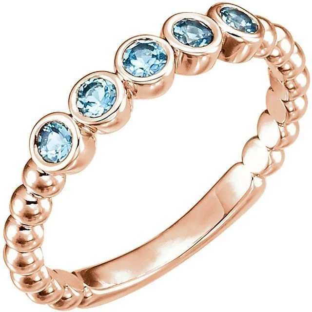 Ladies rings african shine -14KT GOLD 0.30 CTW AQUAMARINE BEZEL-SET 5 STONE BEADED RING