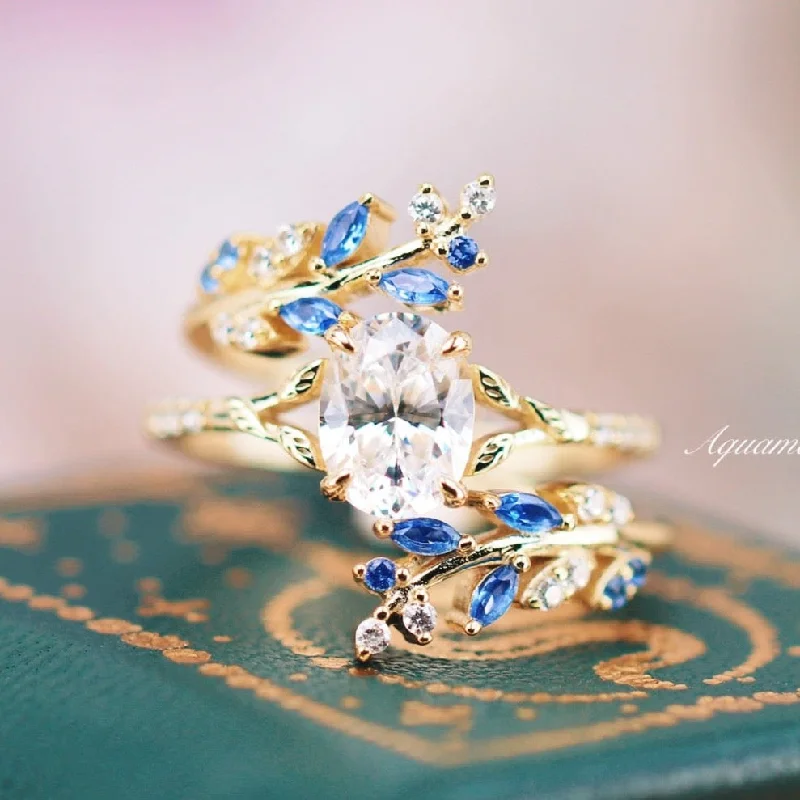 ladies engagement rings spiritual-Blue Sapphire & Moissanite/Diamond Leaf Engagement Ring Set- 14K Solid Yellow Gold