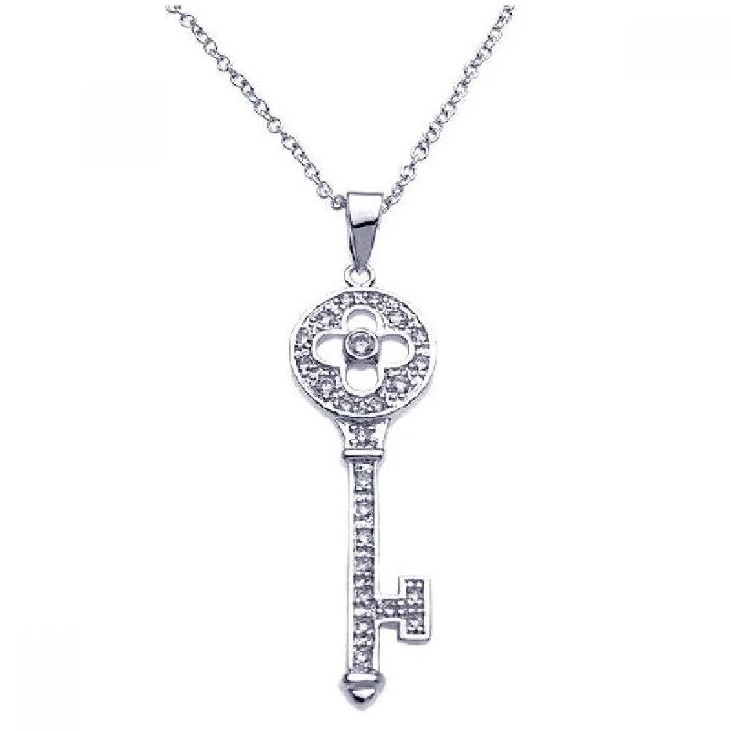 ladies necklaces cultural-Silver 925 Rhodium Plated Key CZ Inlay Necklace - BGP00246