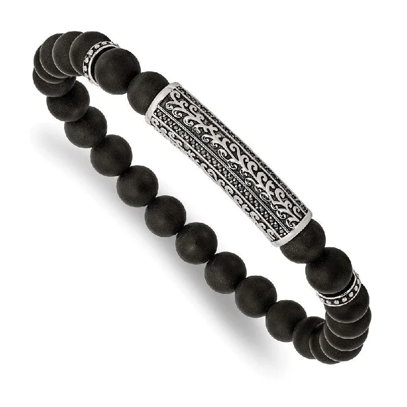 Ladies bracelets twig radiance -Stainless Steel Antiqued & Polished with Black CZ & Agate Stretch Bracelet