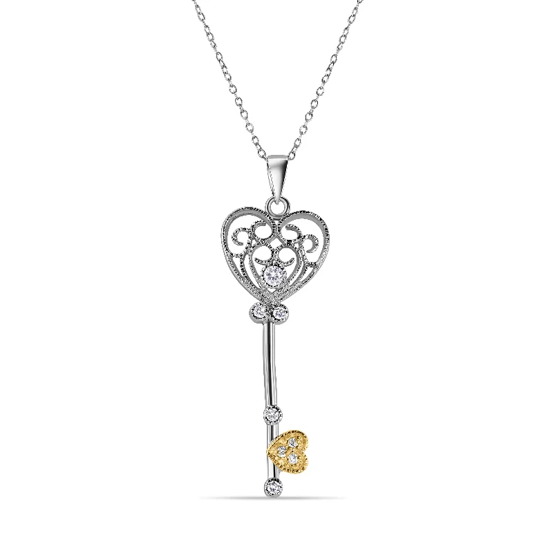 ladies necklaces healing-Silver 925 Rhodium Heart Key CZ Necklace - BGP00209