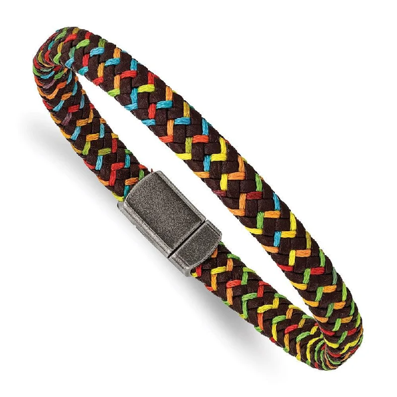 Ladies bracelets fame glow -Stainless Steel Antiqued Brown Leather with Multi-colored Nylon Bracelet