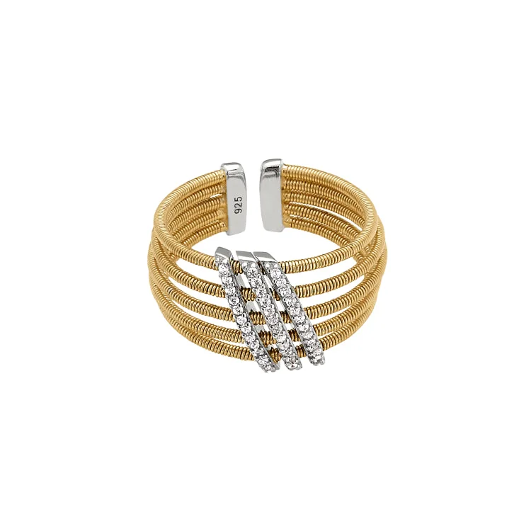 Ladies rings star style shine -Gold Finish Sterling Silver Multi Cable Cuff Ring with Rhodium Finish Simulated Diamond Three Diagonal Bars