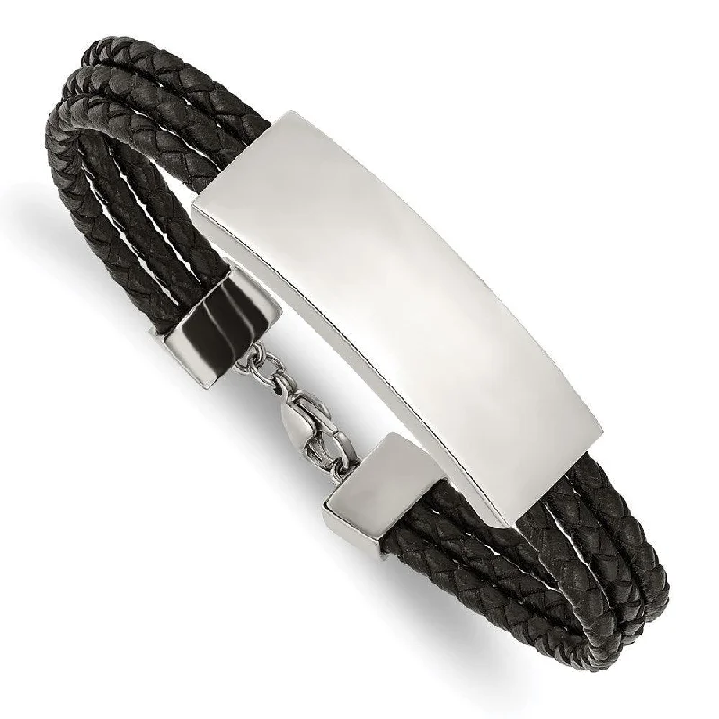 Ladies bracelets tide radiance -Stainless Steel Polished Black Leather Multi Strand 8in ID Bracelet