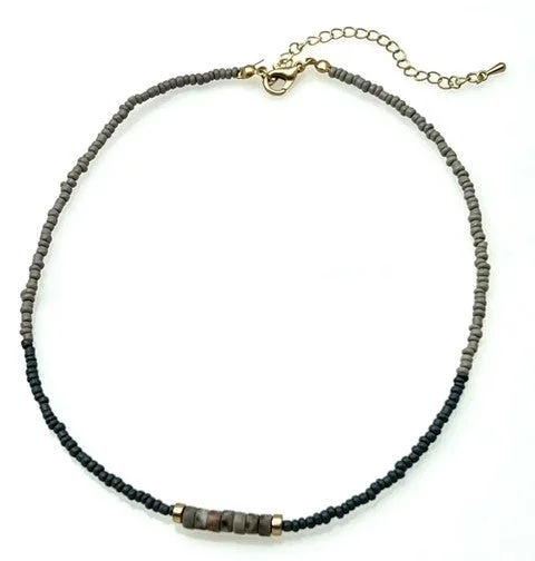 ladies necklaces premium-Beaded Necklace with Seed and Stone Beads - Gray