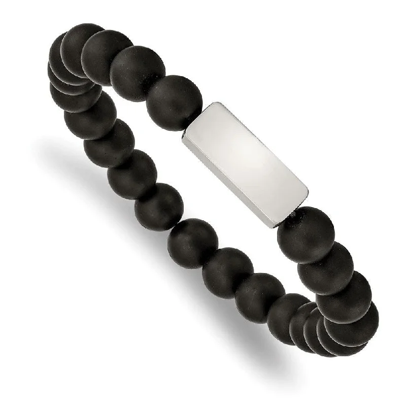 Ladies bracelets crown shine -Stainless Steel Brushed ID Plate Black Agate Bead Stretch Bracelet