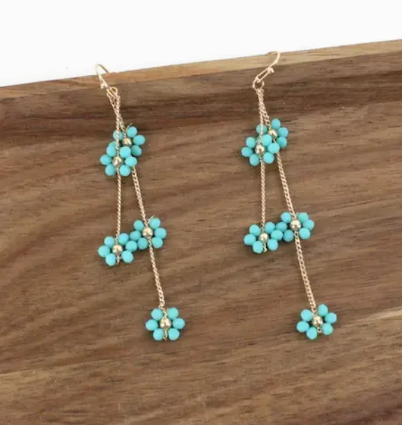 ladies earrings brushed-Earrings - Glass Beads Flower and Chain Earrings