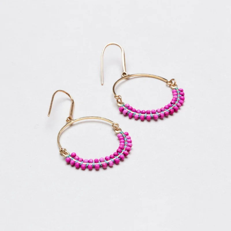 ladies earrings expensive-Vintage Cesaria Beaded Drop Hoop Earrings in Fuchsia