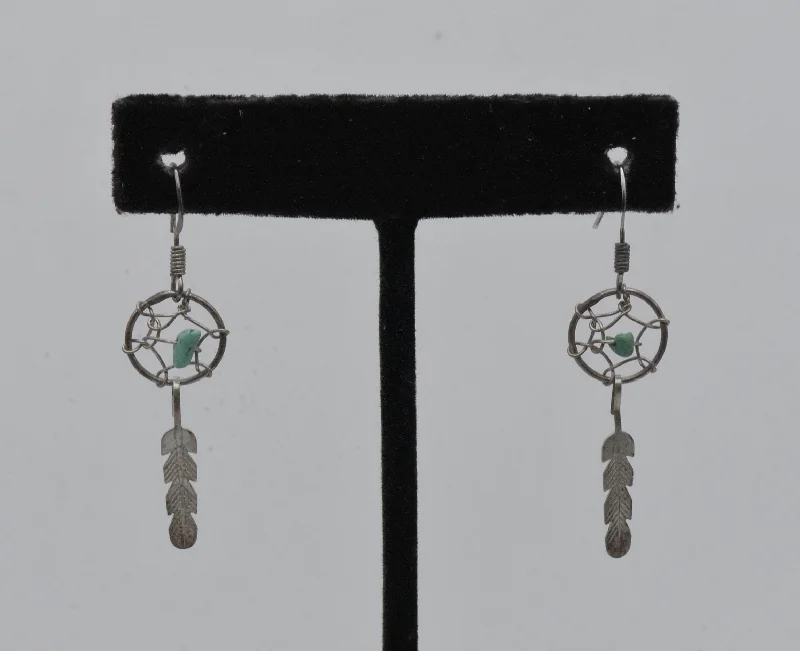 ladies earrings estate-Vintage Silver and Turquoise Dreamcatcher Earrings