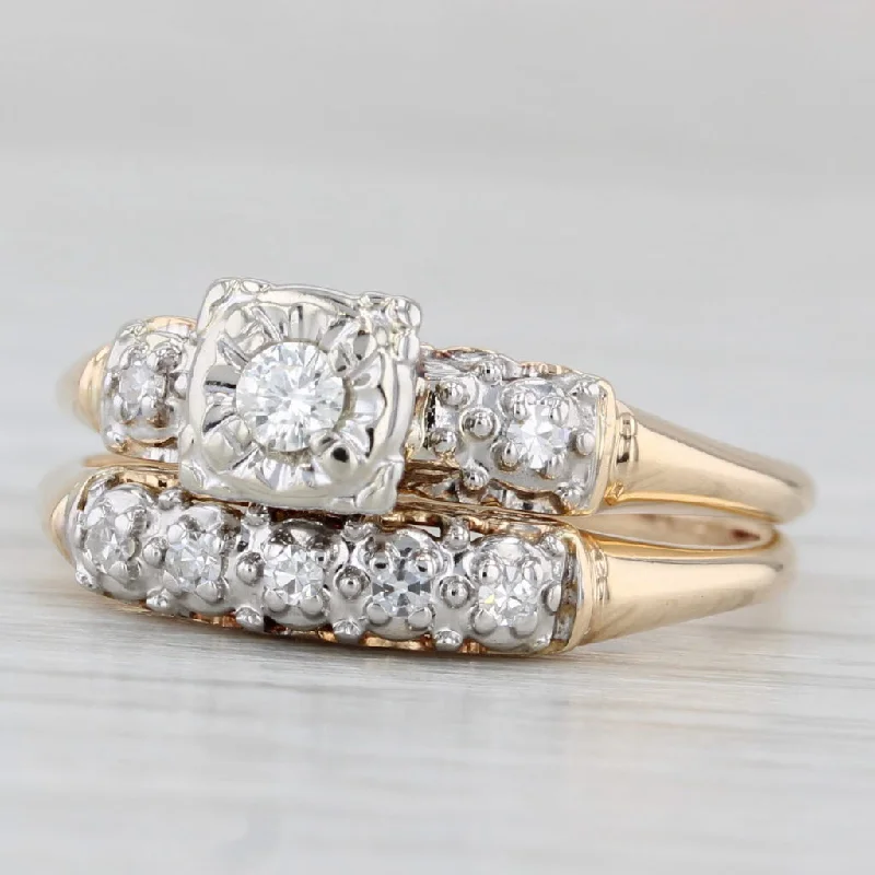 ladies engagement rings 1920s-Vintage 0.17ctw Diamond Engagement Ring Wedding Band Bridal Set 14k Gold Sz 7.5