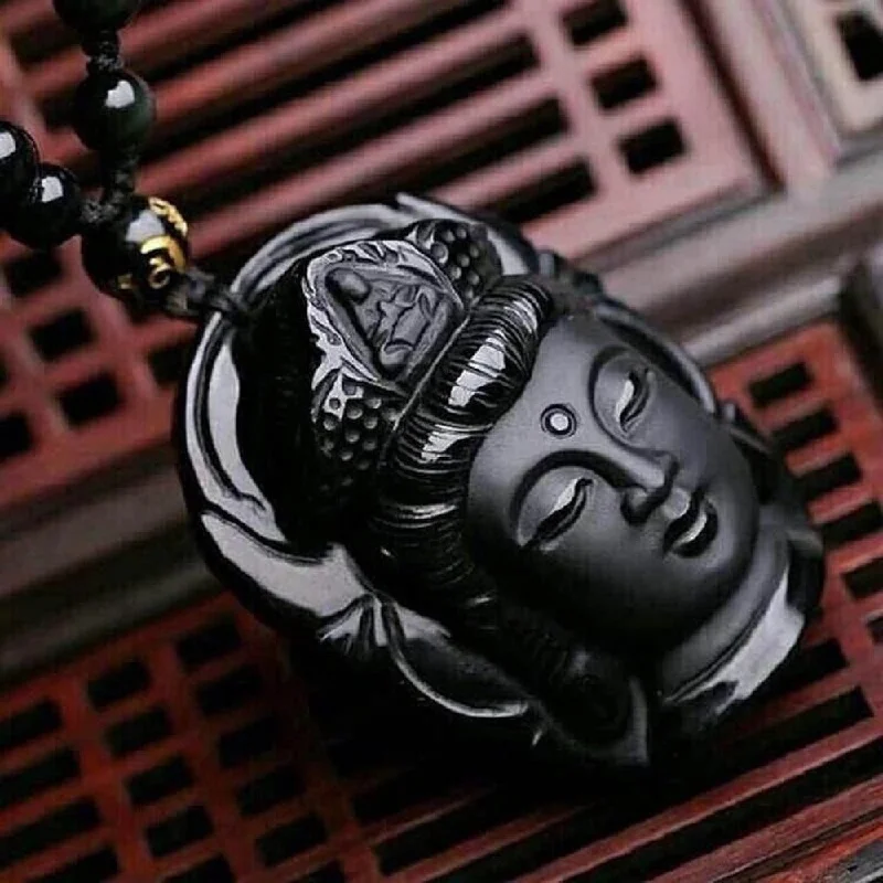 ladies necklaces work-Black Buddha Obsidian Stone Necklace