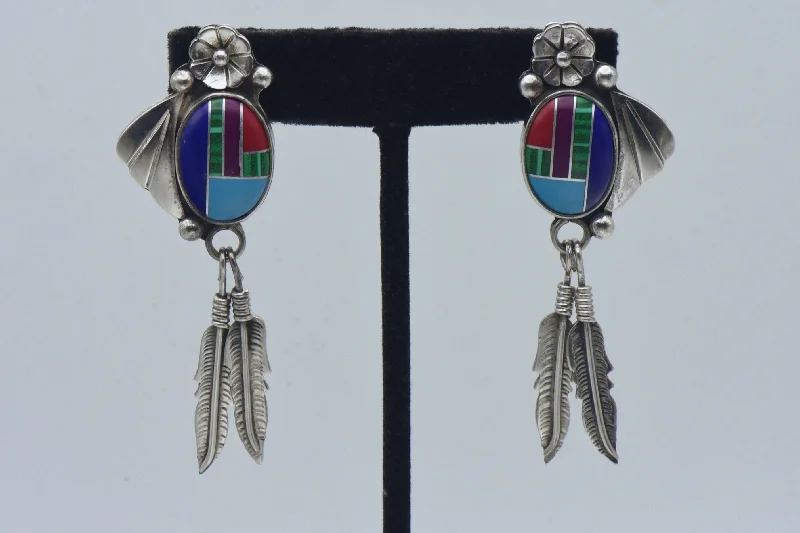 ladies earrings smooth-Vintage Handmade Sterling Silver Inlaid Dangle Earrings