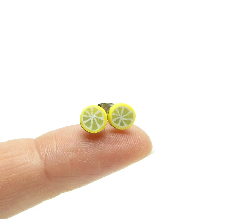 ladies earrings celebration-Lemon Slice Earrings Polymer Clay Yellow Posts