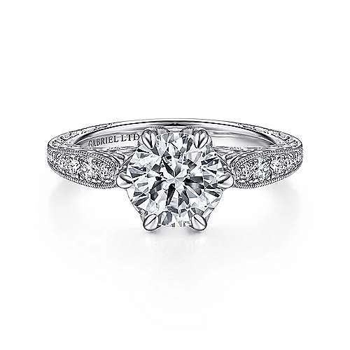 ladies engagement rings custom design-Mali - Vintage Inspired 18K White Gold Round Diamond Engagement Ring