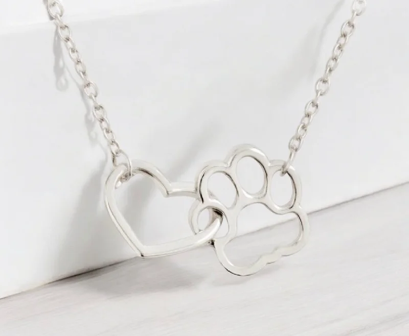 ladies necklaces heart-Linked Heart and Paw Dog Pendant Necklace