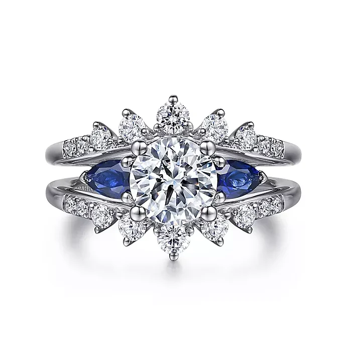 ladies engagement rings recommendations-Harmony - 14K White Gold Round Three Stone Sapphire and Diamond Engagement Ring