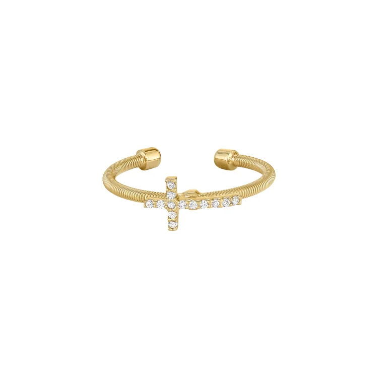 Ladies rings handmade sparkle -Gold Finish Sterling Silver Cable Cuff Cross Ring with Simulated Diamonds