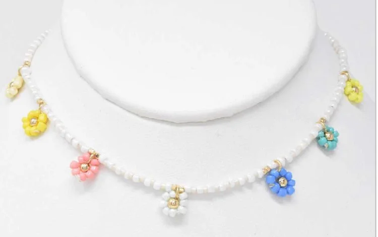 ladies necklaces lengths-Multicolor Bead Flower Necklace with White Beaded Chain