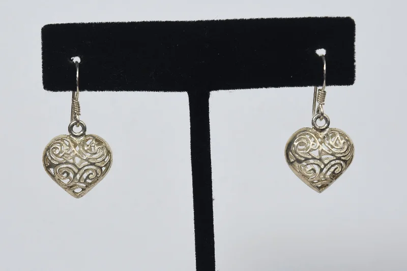 ladies earrings white gold-Sterling Silver Puffed Heart Pierced Design Dangle Earrings