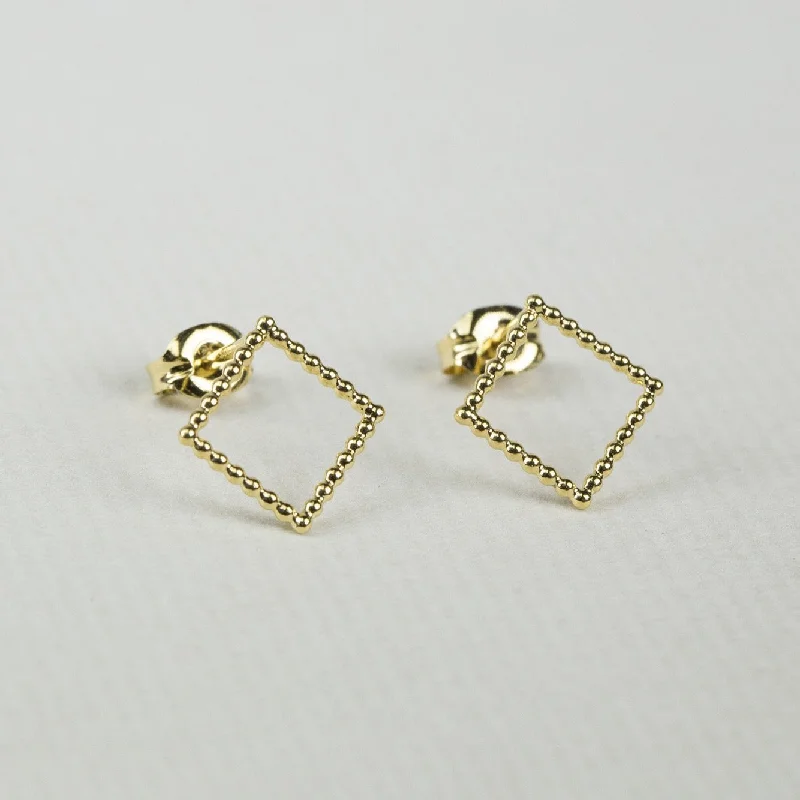 ladies earrings crescent-Beaded Gold Plated Square Stud Earrings