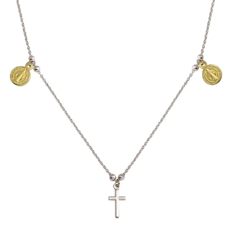 ladies necklaces polishing-Two-Tone 925 Sterling Silver Rhodium Gold Plated Cross With Religious Charms Necklace - ARN00049RH-GP