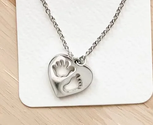 ladies necklaces brushed-Stainless Steel Necklace with Baby Foot and Hand Print