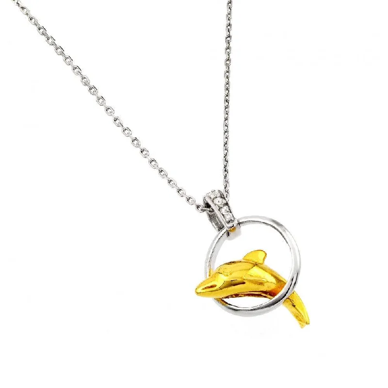 ladies necklaces heart shaped-Silver 925 Rhodium and Gold Plated Dolphin Leaping Over Hoop Pendant Necklace - BGP00875