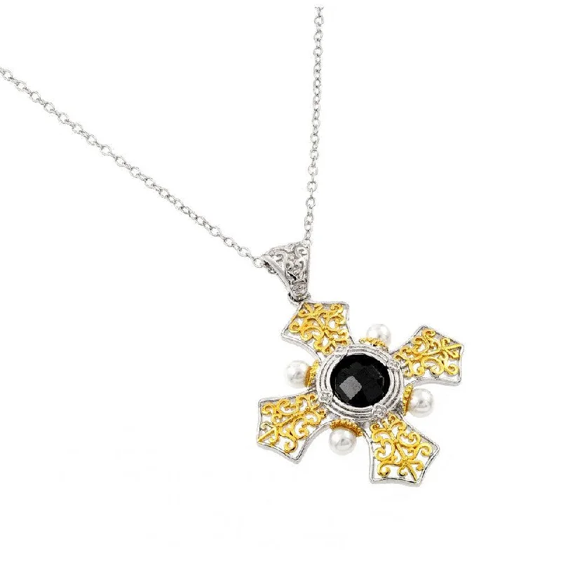 ladies necklaces rustic-Silver 925 Rhodium and Gold Plated Box Cross with Black CZ Stone Pendant Necklace - BGP00897