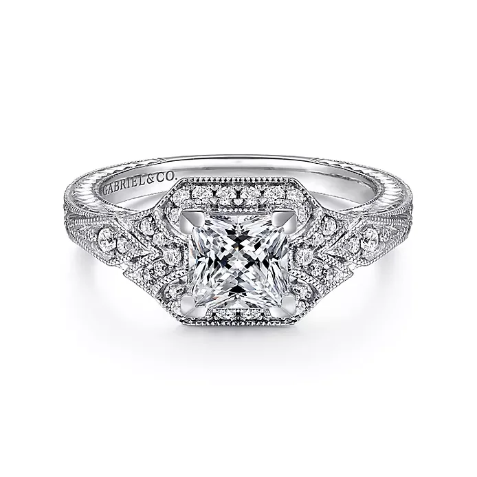 ladies engagement rings symbolic-Capulet - Unique 14K White Gold Art Deco Princess Cut Halo Diamond Engagement Ring