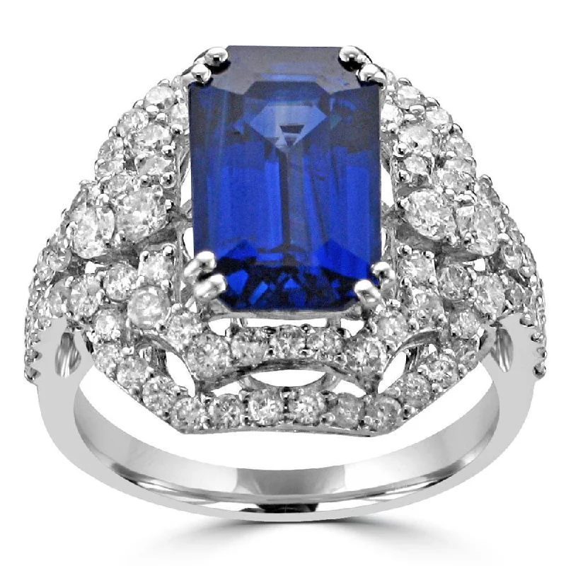 Ladies rings map shine -18KT WHITE GOLD 4.66 CT EMERALD CUT SAPPHIRE & 1.36 CTW DIAMOND RING