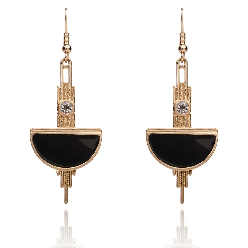 ladies earrings triangle-Black And Gold Vintage Earrings: 1920s Style Long Drop Earrings