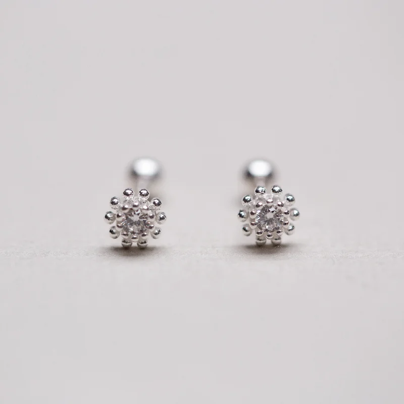 ladies earrings care-Silver Bead Flower Stud Cartilage Earrings with Cubic Zirconia