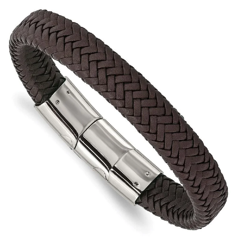 Ladies bracelets noble charm -Stainless Steel Polished Woven D.Brown Leather w/.5in ext 8in Bracelet