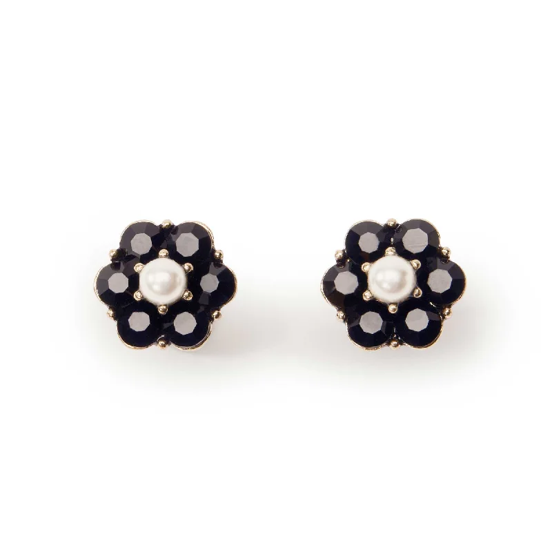 ladies earrings classic-Small Jet Flower Stud Earrings: Pearl Stud Earrings