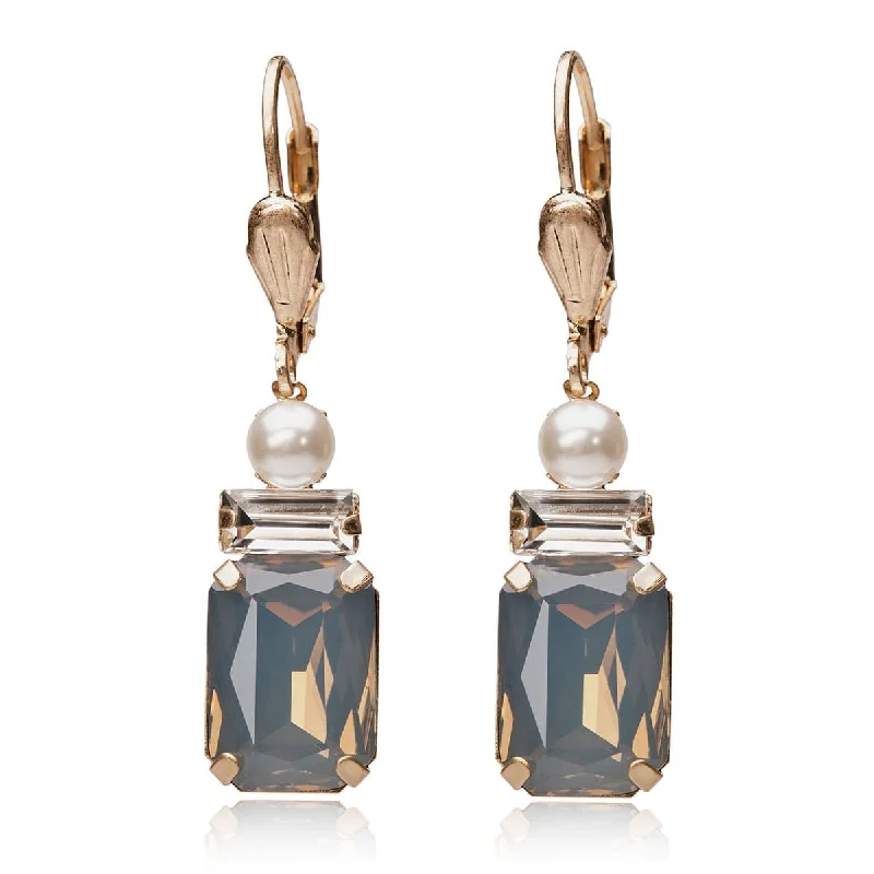 ladies earrings high-end-Vintage Opal Earrings: Art Deco Grey Opal Oblong Stone & Pearl Drop Earrings