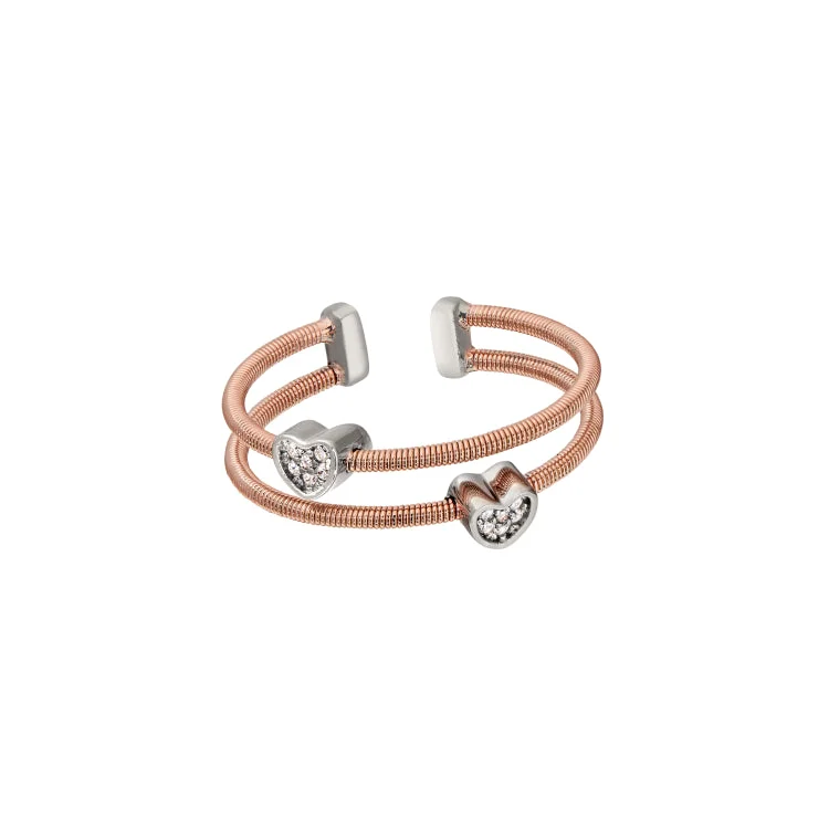 Ladies rings marquise gem -Rose Gold Finish Sterling Silver Two Cable Cuff Ring with Two Rhodium Finish Simulated Diamond Hearts