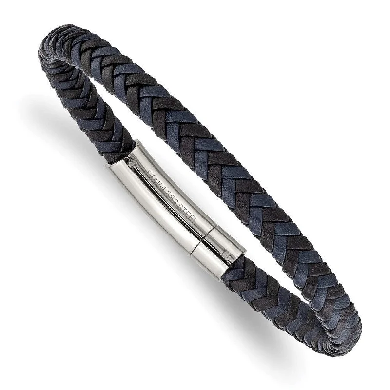 Ladies bracelets agate luster -Stainless Steel Polished Black and Blue Braided Leather 8.25in Bracelet