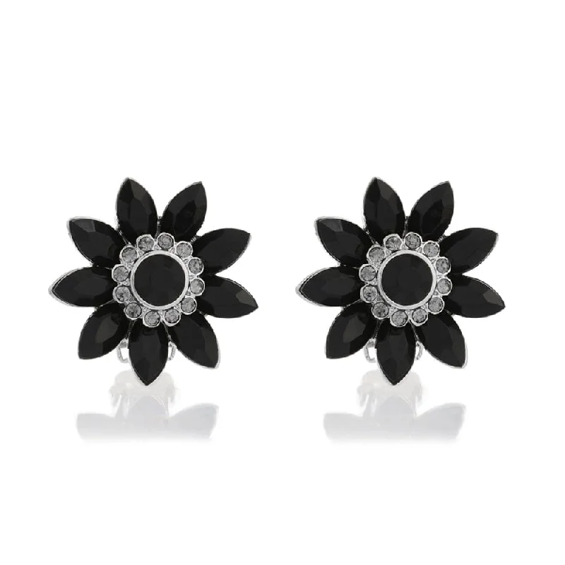 ladies earrings two tone-Audrey Hepburn Inspired Clip on Earrings: Black Flower & Crystal Clip On Earrings