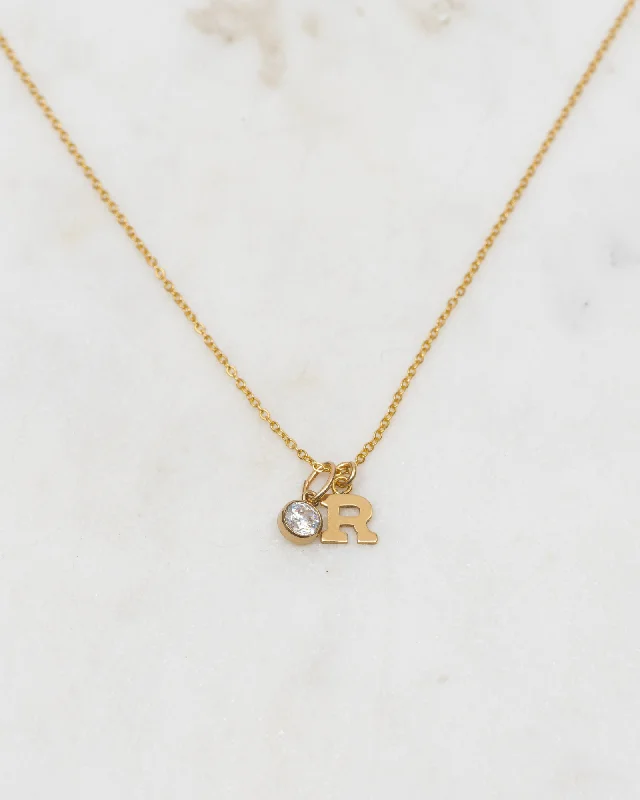 ladies necklaces single strand-Initial R with Birthstone Necklace