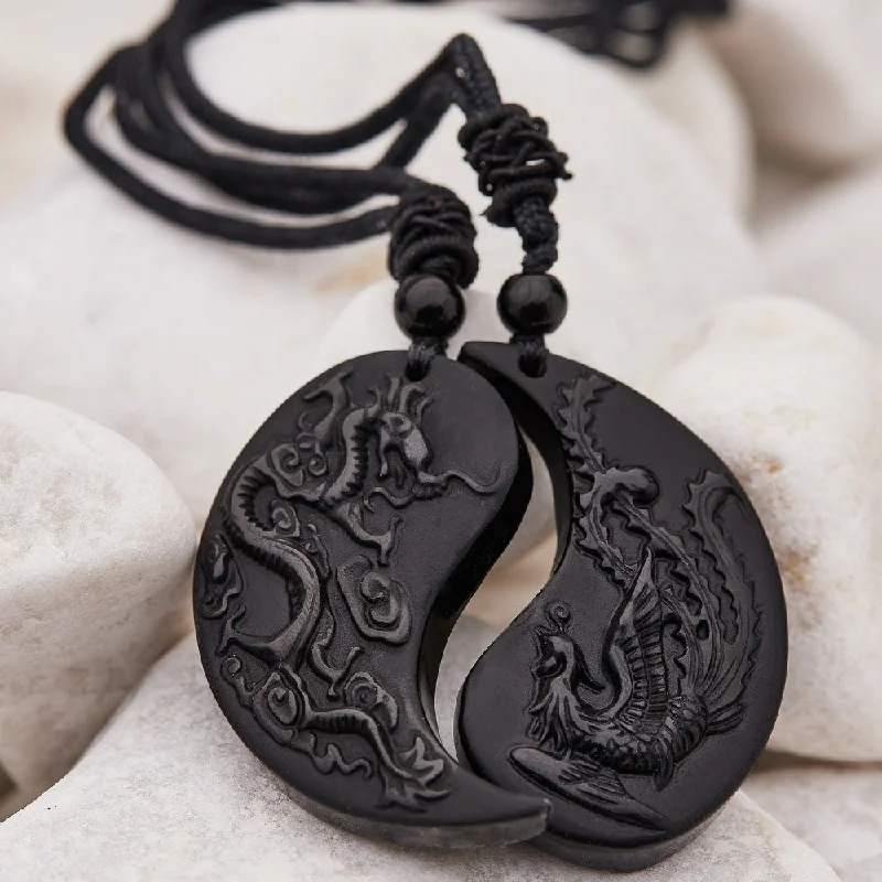 ladies necklaces clearance-Obsidian Ying Yang Couple Matching Necklaces