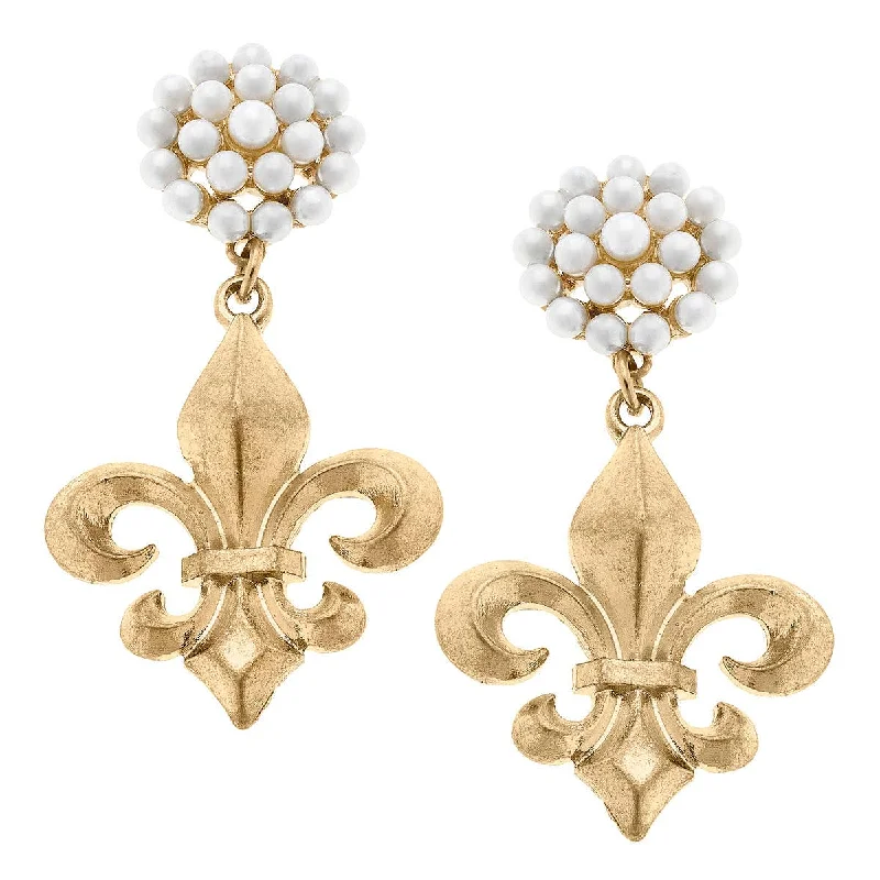 ladies earrings flashy-Earrings - Manon Bourbon Fleur de Lis & Pearl Cluster Drop Earrings