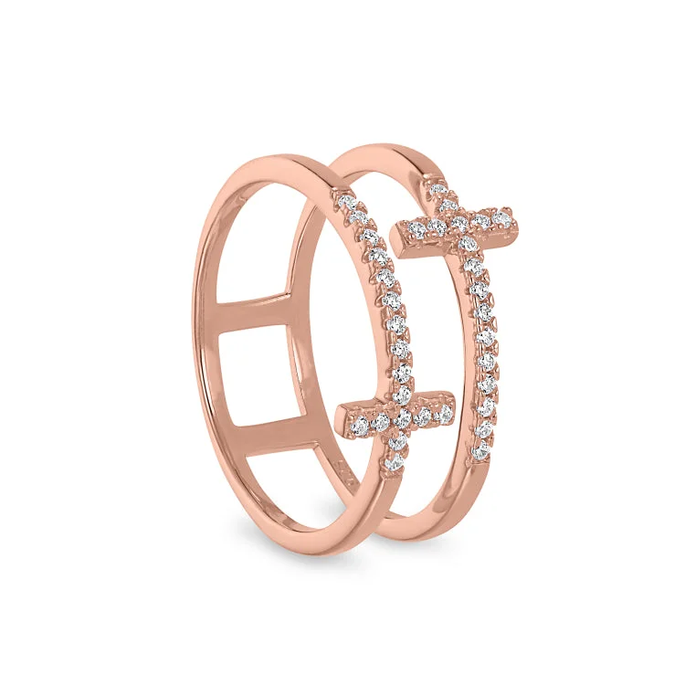 Ladies rings exclusive band -Rose Gold Finish Sterling Silver Micropave Double Cross Ring with Simulated Diamonds