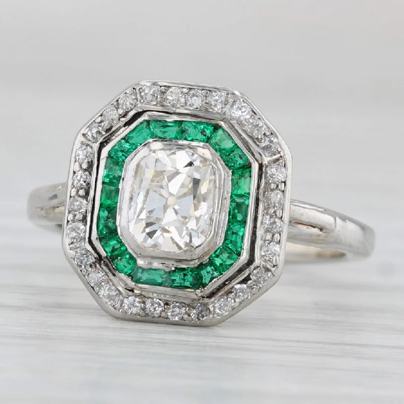 ladies engagement rings retro design-Vintage 1.25ctw Emerald Diamod Halo Ring 14K Gold Platinum Size 6.25 Engagement