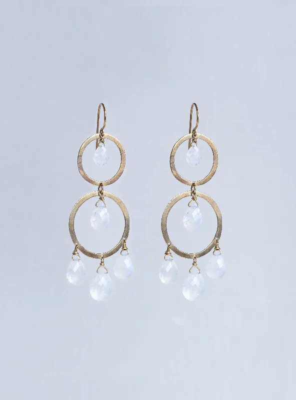 ladies earrings futuristic-Gold Circle Drop Earrings with Moonstones