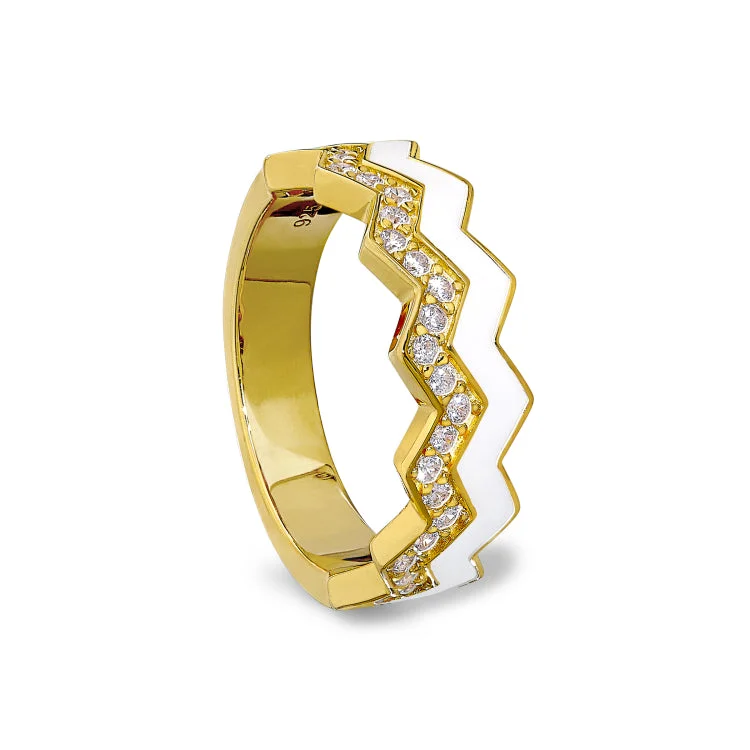 Ladies rings greek sparkle -Gold Vermeil Sterling Silver Micropave Ring with with White Enamel and Simulated Diamondss