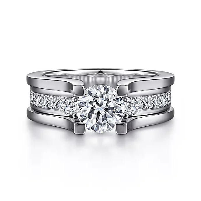 ladies engagement rings stores-Dulcette - 14K White Gold Wide Band Round Diamond Engagement Ring