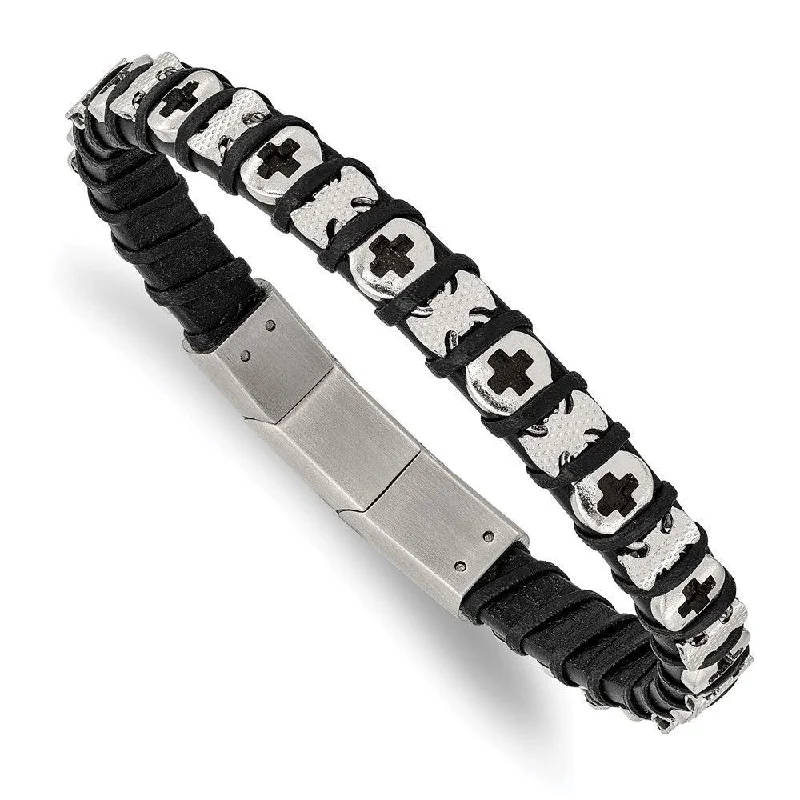 Ladies bracelets desert glow -Stainless Steel Polished Cross Black Leather w/.5in ext 8in Bracelet