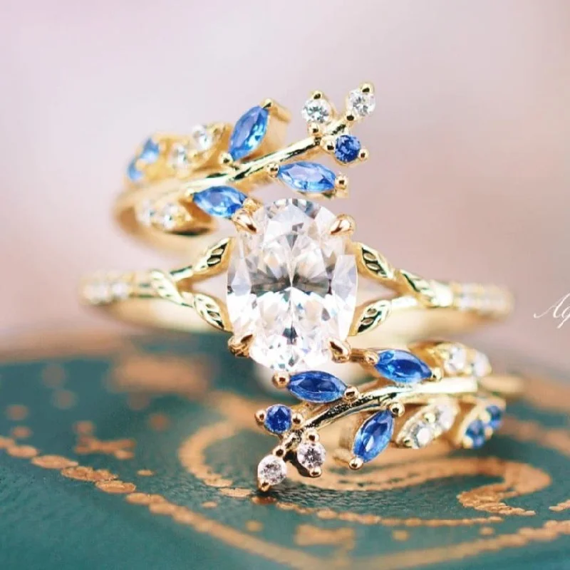 ladies engagement rings organizer-Blue Sapphire & Diamond (cz) Engagement Ring Set- 14K Yellow Gold Vermeil